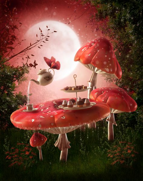 باغ فانتزی با قارچ قرمز و ست چای