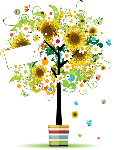 درخت تابستانی در گلدان با کارت برای طرح شما
