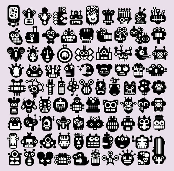 مجموعه بزرگی از آیکون ها با هیولاها و چهره های روبات شماره 3 وکتور