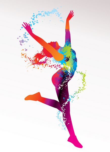 دختر رقصنده با لکه های رنگارنگ و پاشیدن آب روی پس زمینه روشن وکتور