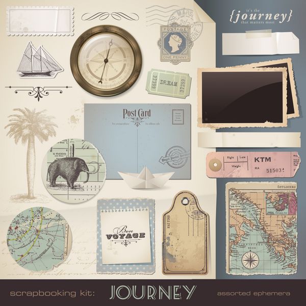کیت دفترچه نویسی دیجیتال Journey - انواع اشیاء موقتی و کاغذی برای چیدمان سفر و تعطیلات شما فایل 