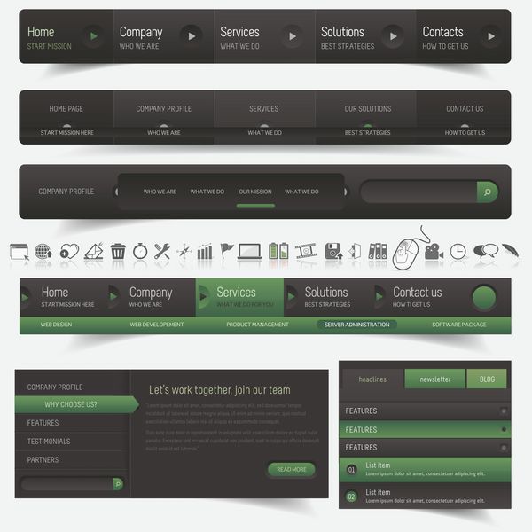 مجموعه ناوبری طراحی وب با مجموعه آیکون ها سیاه-سبز