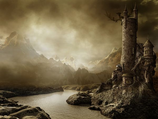 منظره فانتزی با برجی در کنار رودخانه و اژدها