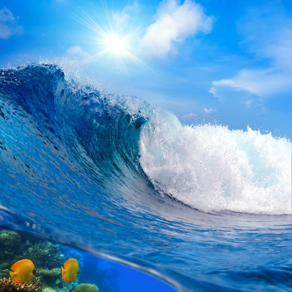oceanview موج سواری بزرگ موج شکن اقیانوس آسمان ابری و نور خورشید