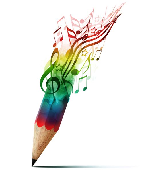 مداد خلاق با نت های موسیقی ایزوله روی سفید