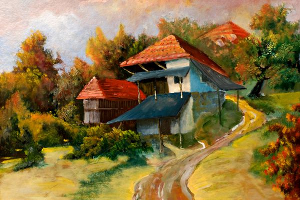 صحنه روستایی با خانه خرابه قدیمی این نقاشی رنگ روغن است و من نویسنده این تصویر هستم