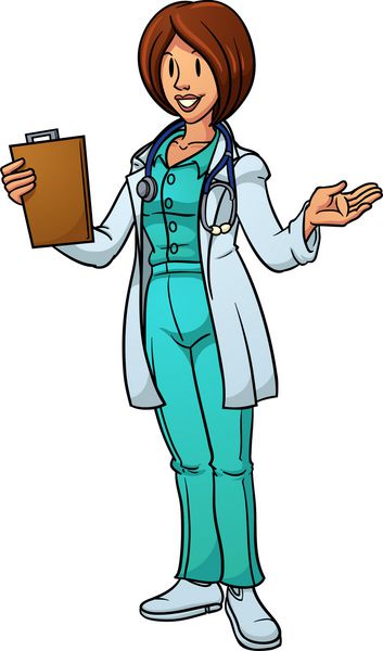 دکتر زن کارتونی که یک نمودار در دست دارد وکتور با شیب ساده همه در یک لایه