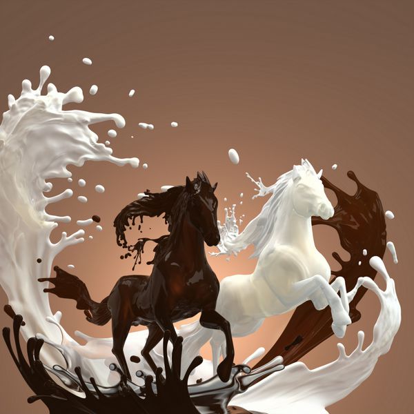 اسب های مایع شکلاتی خامه ای شیری و قهوه ای مایل به قهوه ای داغ در حال دویدن بر روی پاشش های مخلوط و ایجاد دسته ای از قطره ها