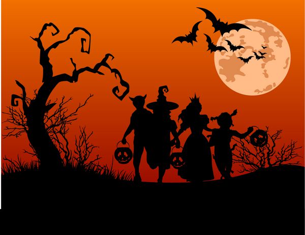 پس‌زمینه هالووین با شبح‌هایی از ترفند یا درمان کودکان در لباس هالووین
