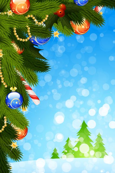 کارت کریسمس با درخشش درخت صنوبر و تزئین برای طراحی شما