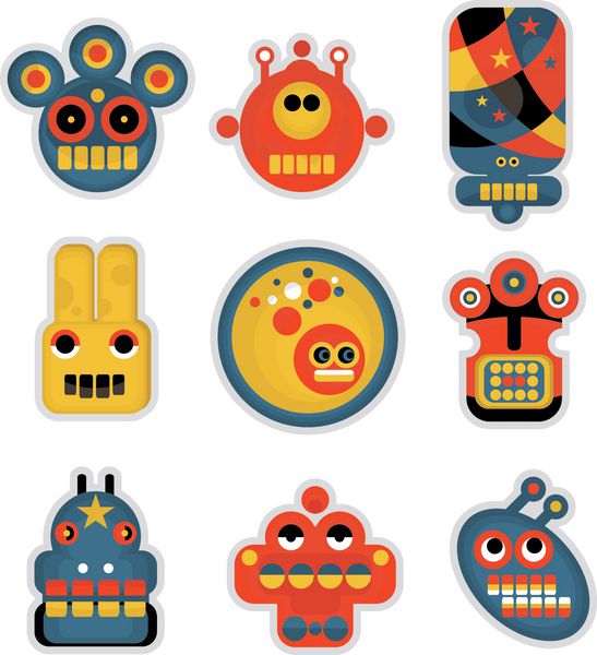 چهره ربات های کارتونی و هیولاها به رنگ مجموعه وکتور شماره 1