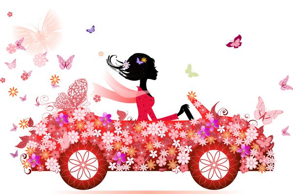 دختری سوار بر ماشین گل قرمز