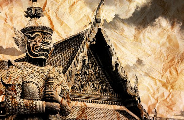 تصویر رترو Demon Guardian هنر سنتی تایلندی در زمینه کاغذ قدیمی نسخه نورپردازی ناهموار گرانج جزء طراحی