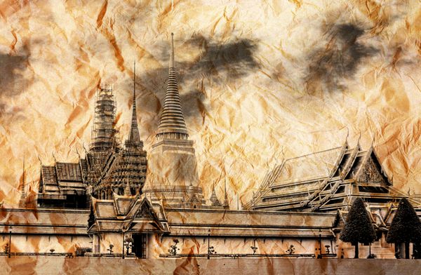 تصویر رترو از کاخ سلطنتی بزرگ بانکوک تایلند در پس زمینه کاغذی قدیمی نسخه نورپردازی ناهموار گرانج جزء طراحی