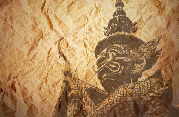 تصویر رترو Demon Guardian هنر سنتی تایلندی در زمینه کاغذ قدیمی نسخه نورپردازی ناهموار گرانج جزء طراحی