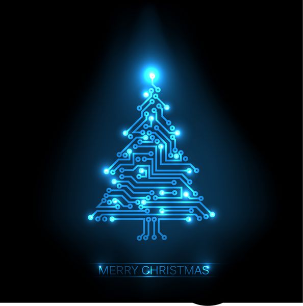 وکتور درخت کریسمس از مدار دیجیتال الکترونیکی آبی و چراغ