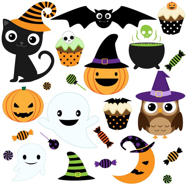 مجموعه ای از عناصر اشیاء و نمادهای هالووین زیبا برای طراحی شما