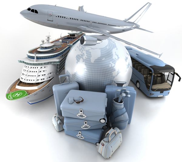 رندر سه بعدی از یک کره زمین یک هواپیما یک کشتی تفریحی و یک اتوبوس مسافربری با انبوهی از چمدان ها