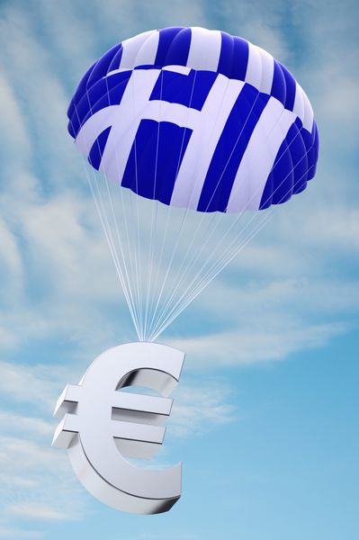 چتر نجات با پرچم یونان روی آن در حالی که نماد ارز یورو را در دست دارد - مفهومی برای وجوه امنیتی برای یونان بدهکار