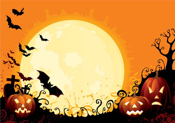 هالووین مبارک سه کدو تنبل هالووین درخشان درخت قبرستان سنگ قبر و بسیاری از خفاش های پرنده در پس زمینه انتزاعی با ماه بزرگ