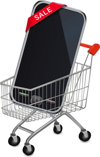 تلفن همراه با صفحه لمسی مدرن با علامت فروش در سبد خرید بردار