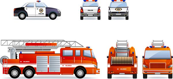 پلیس و ماشین آتش نشانی مجموعه ای از آیکون های ماشین در وکتور مجموعه شماره 2 در نمای جانبی جلو و عقب