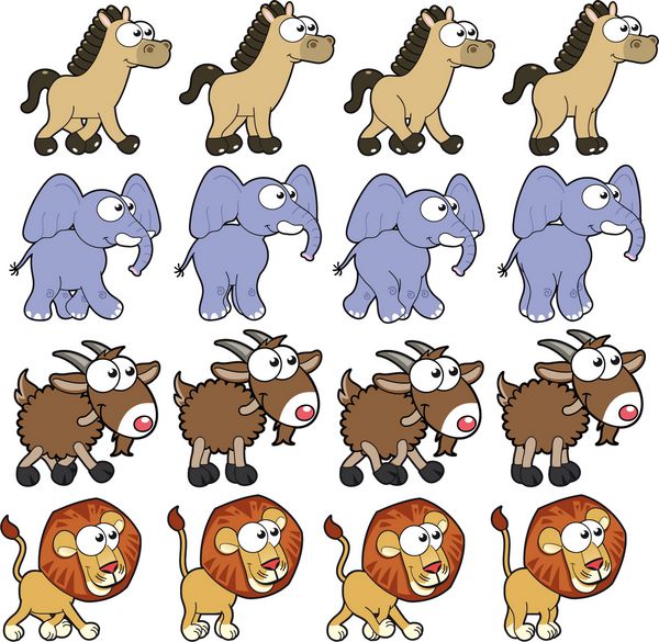 انیمیشن های پیاده روی حیوانات وکتور کارتون و شخصیت های جدا شده شما می توانید از چهار فریم در حلقه هر حیوان استفاده کنید