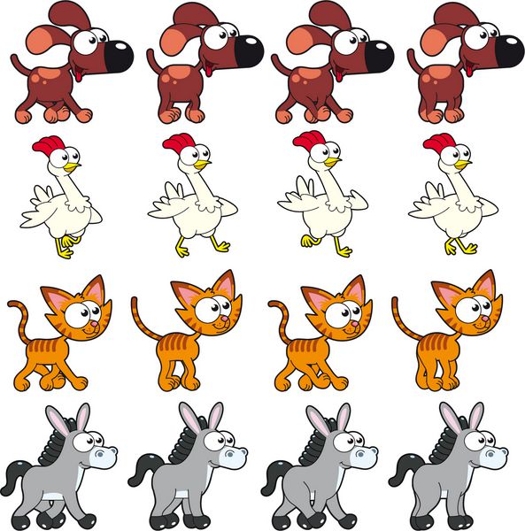 انیمیشن های پیاده روی حیوانات وکتور کارتون و شخصیت های جدا شده شما می توانید از چهار فریم در حلقه هر حیوان استفاده کنید