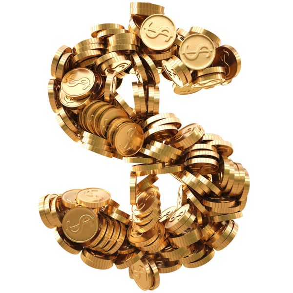 علامت دلار از سکه های طلایی جدا شده روی سفید