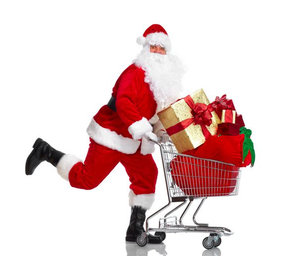 شاد بابا نوئل با سبد خرید کریسمس جدا شده در پس زمینه سفید