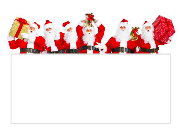 گروه بابا نوئل شاد با بنر پوستر کریسمس جدا شده در پس زمینه سفید