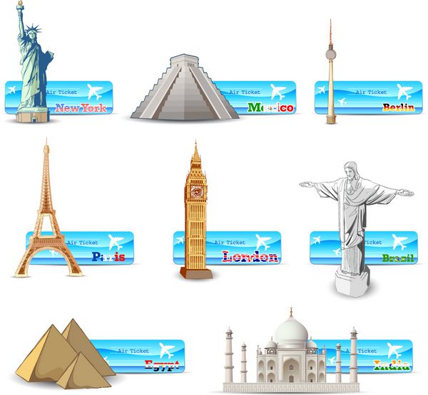 تصویرسازی بنای تاریخی معروف جهان با بلیط هواپیما کشورهای مختلف
