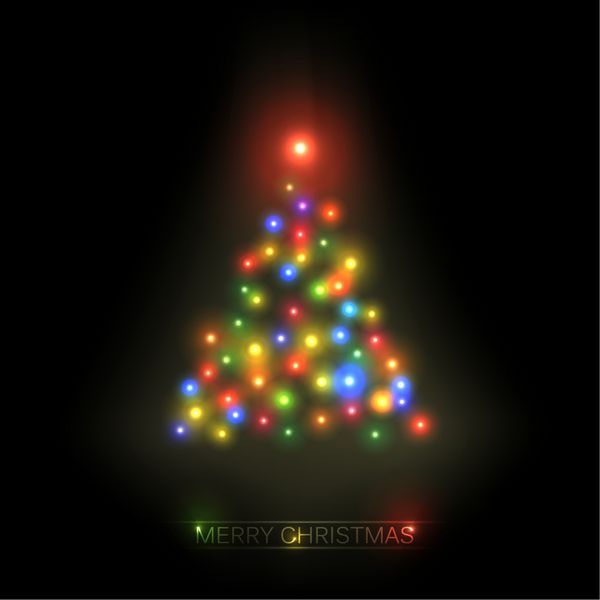 وکتور درخت کریسمس از چراغ های رنگارنگ در پس زمینه سیاه