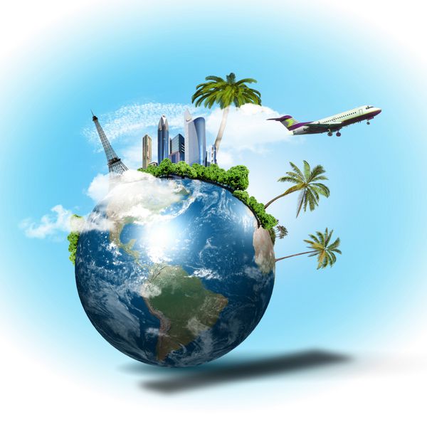 کلاژ در مورد گردشگری و سفر با سیاره زمین و هواپیما