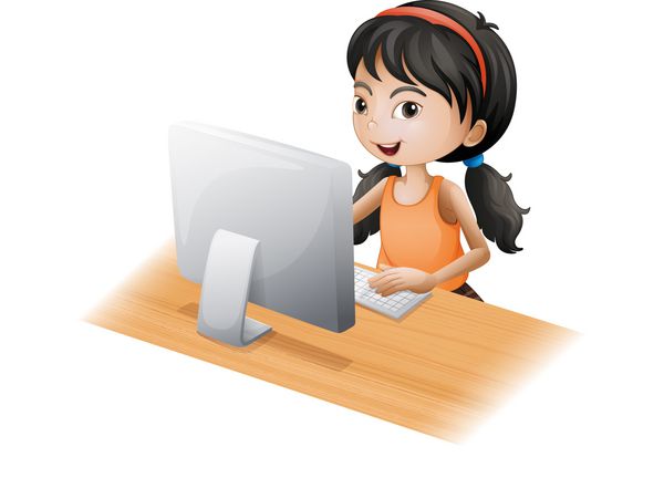 تصویر یک دختر جوان در حال استفاده از کامپیوتر در پس زمینه سفید