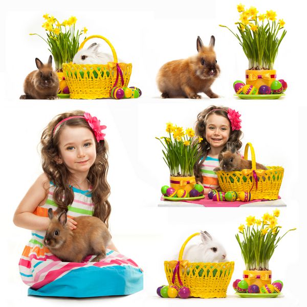 کلاژ دختر کوچک شاد با خرگوش عید پاک در سبد و تخم مرغ کارت تبریک جدا شده در زمینه سفید