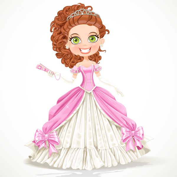 شاهزاده خانم زیبا با لباس مجلسی صورتی با پنکه در دست