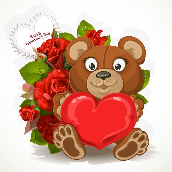 خرس عروسکی که یک قلب با یک دسته گل و ولنتاین در دست دارد