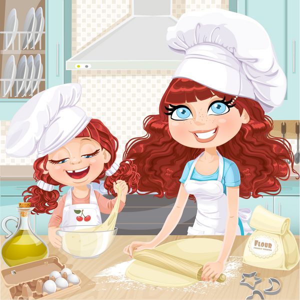 مامان و دختر موهای مجعد ناز در حال پخت شیرینی