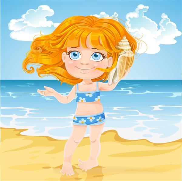 دختر کوچک ناز در یک پوسته بزرگ در ساحل آفتابی به صدای دریا گوش می دهد