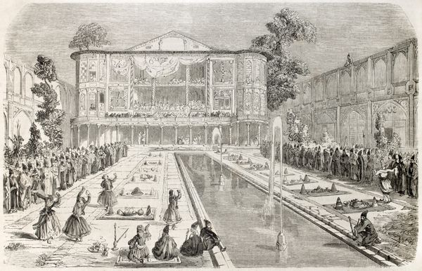 جشن نامزدی دختر شاه و پسر وزیر جنگ ایران ایجاد شده توسط Laurens پس از طرح Duhousset منتشر شده در LIllustration Journal Universel پاریس 1860
