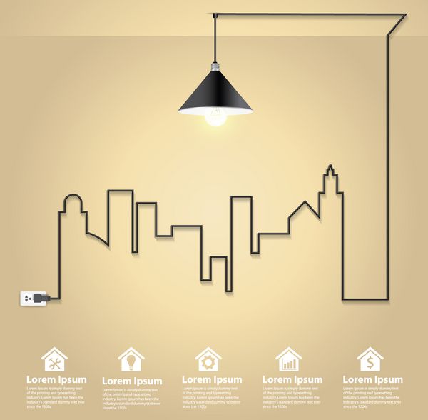 منظره شهری با مفهوم ایده خلاقانه لامپ سیمی طرح گردش کار قالب طراحی مدرن انتزاعی نمودار گزینه‌های افزایش یافته طراحی الگوی وکتور