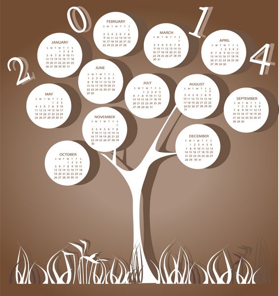 تقویم درختی برای سال 2014 با دایره های سفید