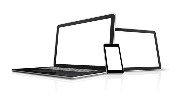 لپ تاپ سه بعدی تلفن همراه و رایانه رایانه لوحی دیجیتال - جدا شده روی سفید با مسیر برش
