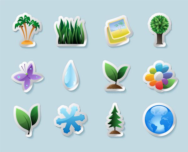 مجموعه دکمه استیکر نمادهایی برای طبیعت و محیط زیست وکتور