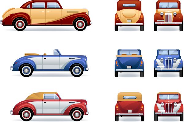 اتومبیل های لوکس رترو 1930-40th مجموعه ای از آیکون ها در وکتور سایه ها در لایه جداگانه قرار دارند