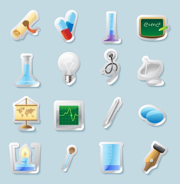 مجموعه دکمه استیکر نمادهایی برای علم پزشکی و آموزش وکتور