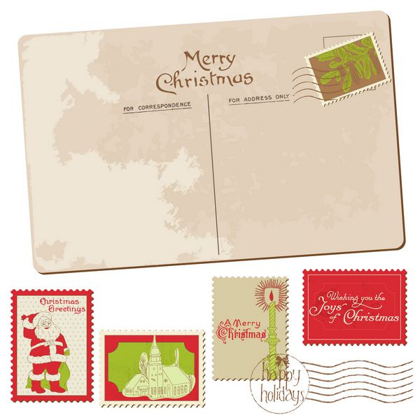 کارت وینتیج کریسمس با مجموعه ای از تمبرها در وکتور