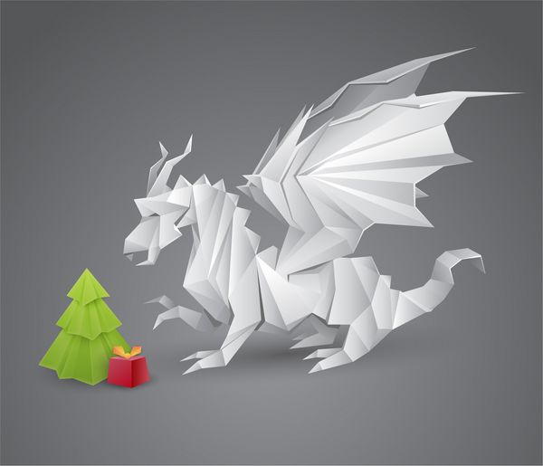 اژدهای اوریگامی و درخت کریسمس با هدیه - تصویر خلاقانه وکتور