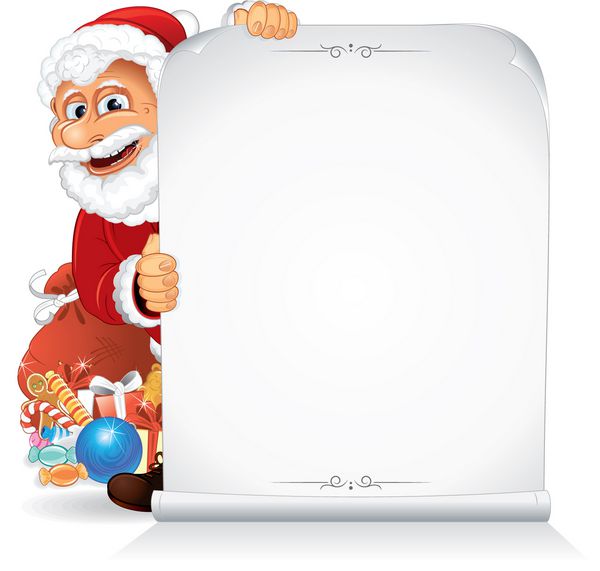 بابا نوئل که یک کاغذ خالی در دست دارد وکتور آماده برای پیام تبریک یا متن تبلیغاتی شما